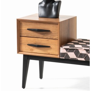 Bancuta tapitata cu sertare lemn si picioare negre, 110 cm lungime, 33 cm latine, 60 cm inaltime 